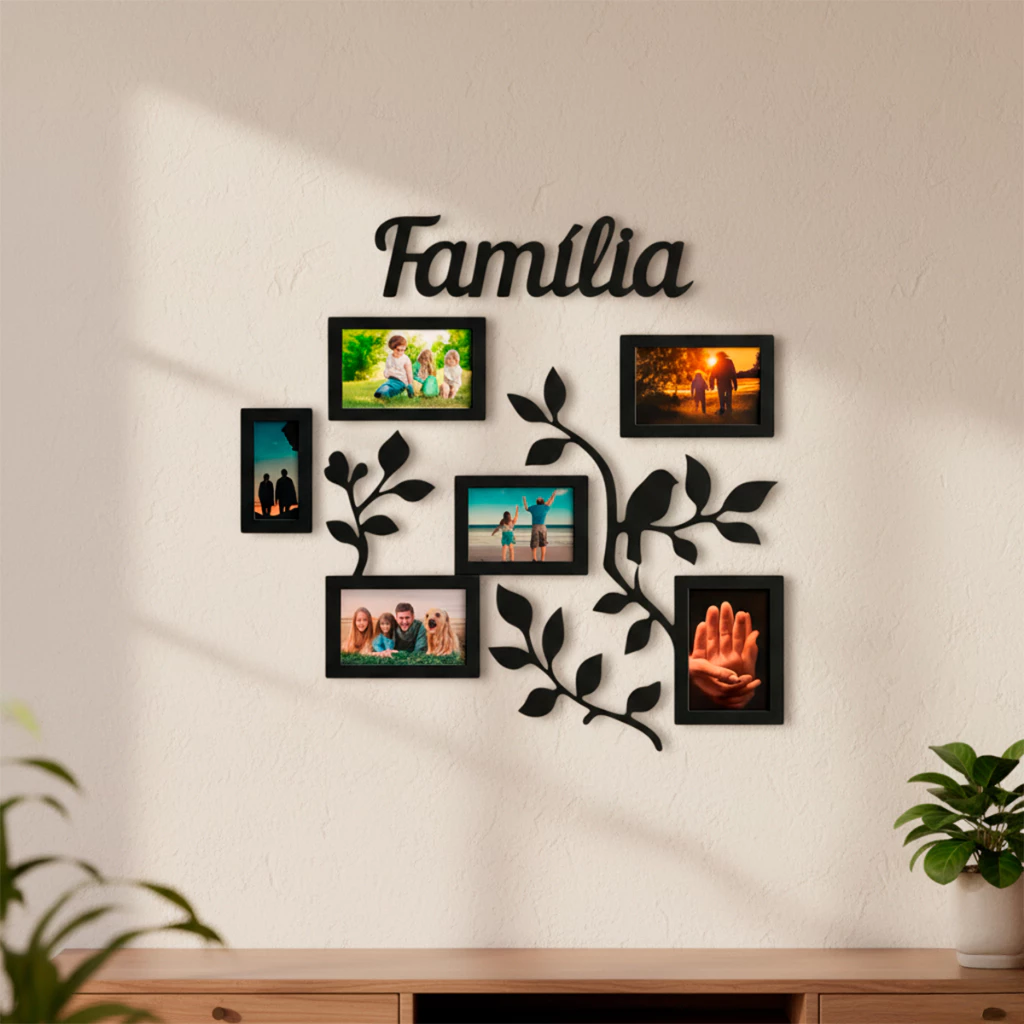 Painel Família MDF Porta-Retrato 15x10cm Parede Decoração Casa Aconchegante