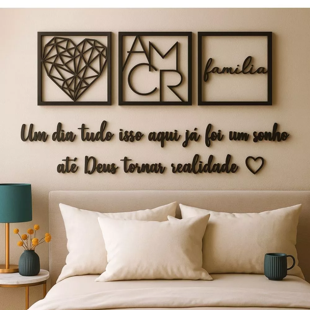 Kit 3 Quadros Cabeceira Familia Coração Geométrico Amor + Frase de Parede Variados Sala Mini coração
