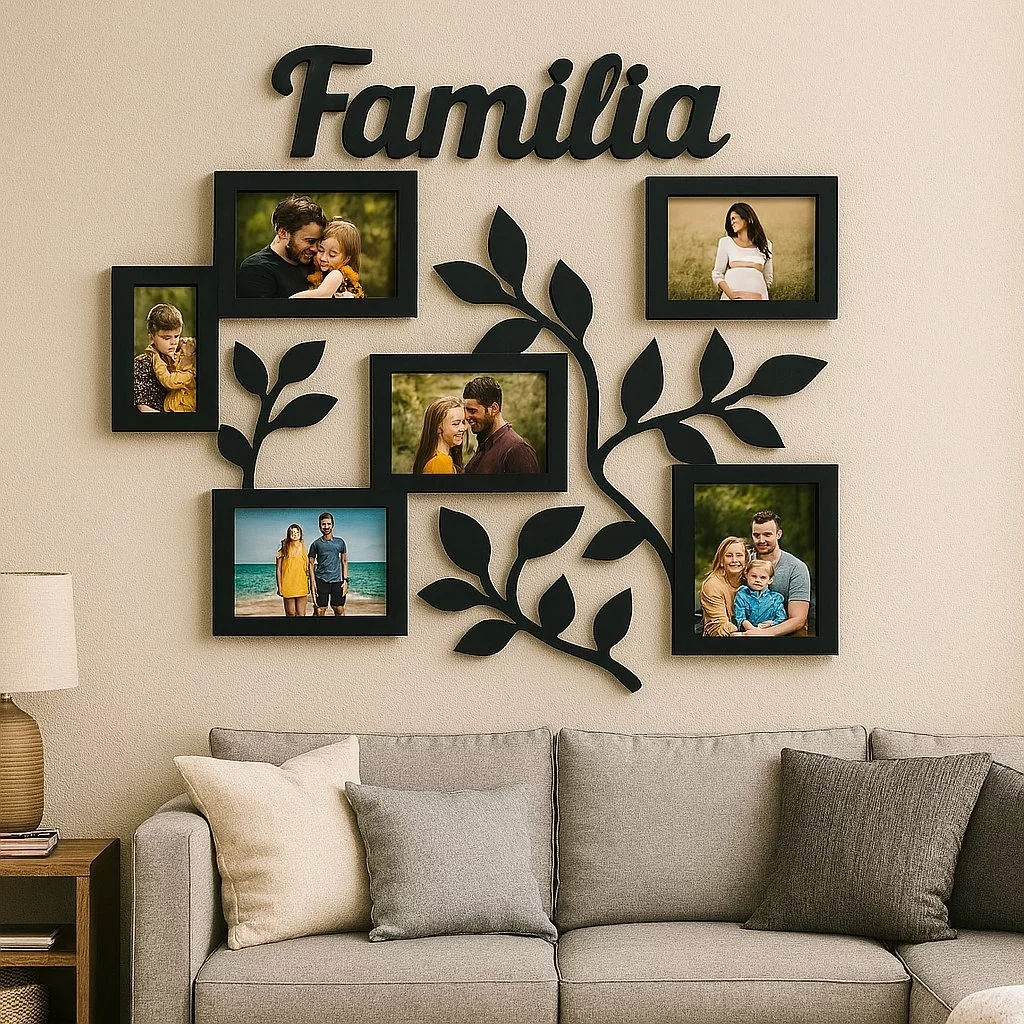 Porta Retrato de Parede Familia Galhos Mural Com 6 Espaços Para Fotos em Mdf