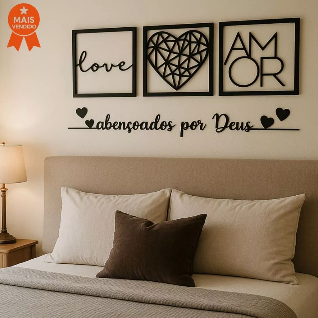 Kit 3 Quadros Cabeceira Amor Coração Geométrico + Frase Parede Abençoados Por Deus + 2 mini coração