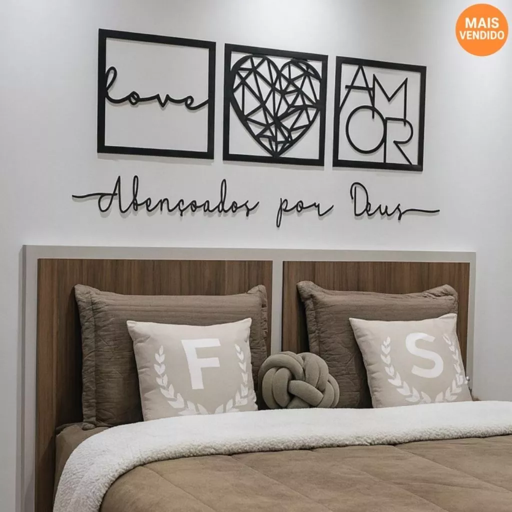 Kit 3 Quadros Love Coração Geométrico Amor + Frase de Parede Abençoados por Deus Religioso Mdf