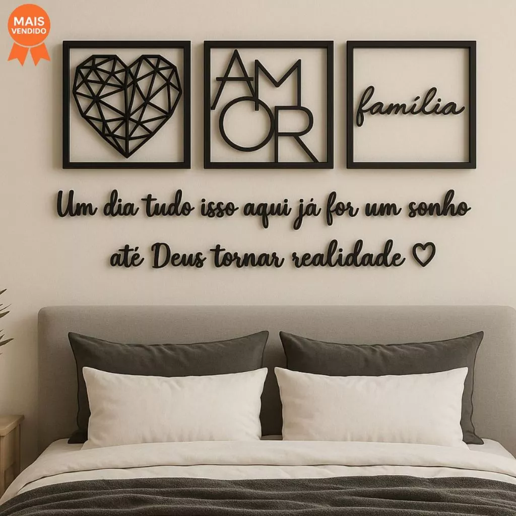 Kit 3 Quadros Cabeceira Família Coração Geométrico Amor + Frase de Parede Variados Sala + 2 Mini aplique coração