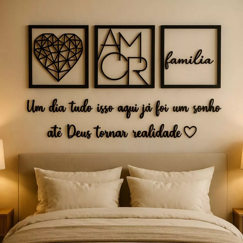 Kit 3 Quadros Cabeceira Familia Coração Geométrico Amor + Frase de Parede Variados Sala + 2 Mini aplique coração