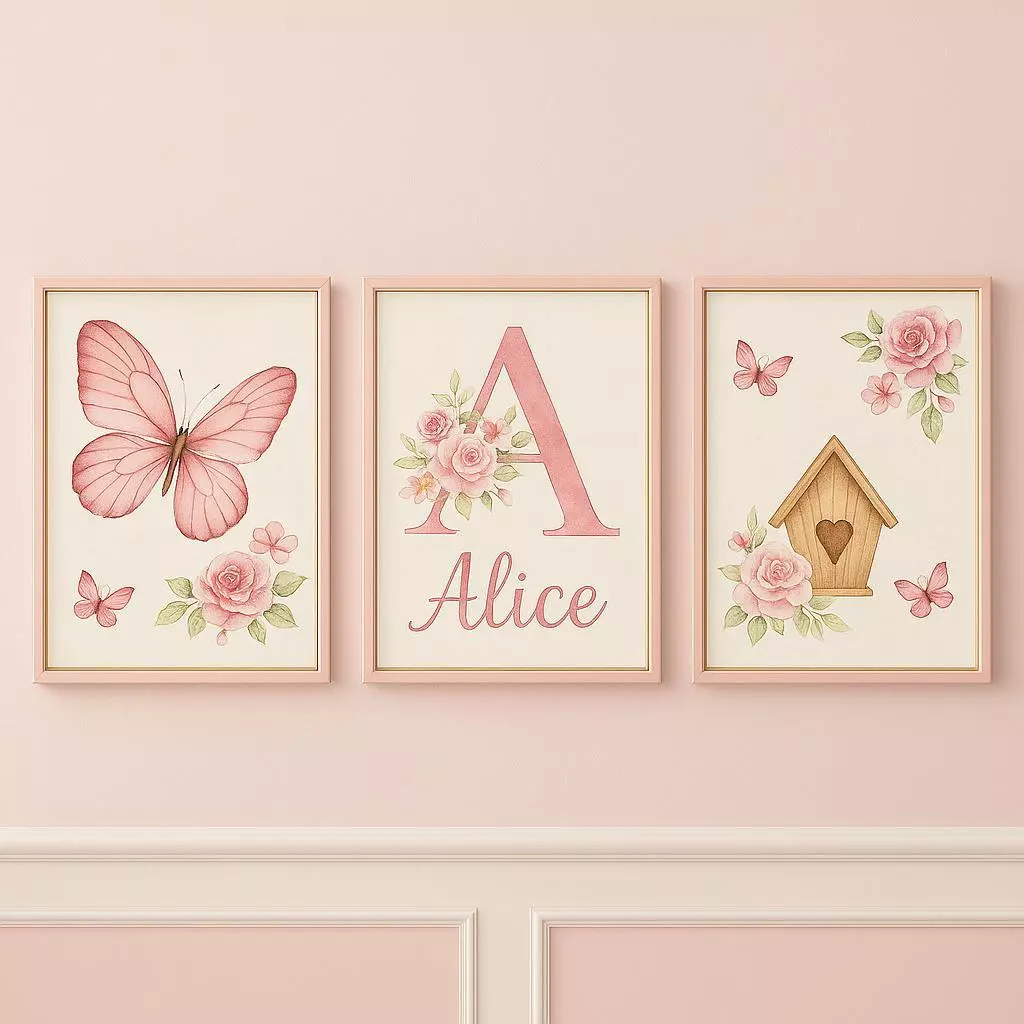 Quadro decorativo 3 peças Borboleta Rosa Flores Personalizado com nome decoraçao quarto infantil