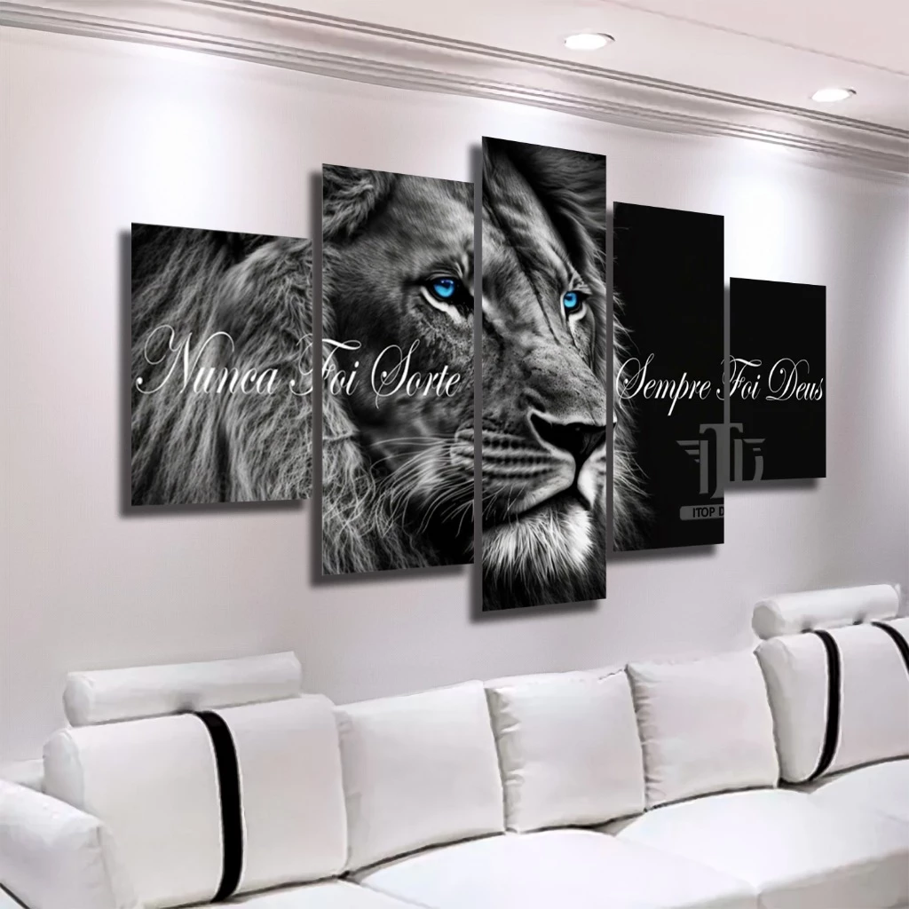 Quadro Decorativo Mosaico Leão de Juda Olho Azul Nunca Foi Sorte Sempre Foi Deus Sala Quarto Hd