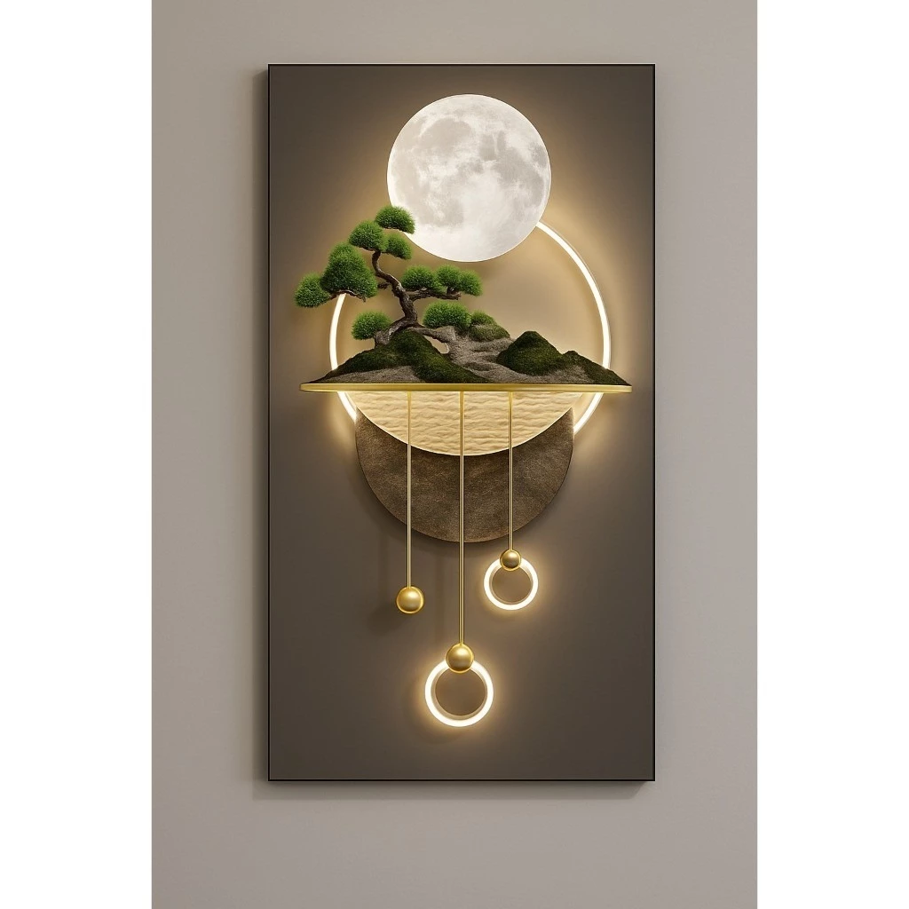 Quadro Decorativo Bonsai Oriental Lua | Decoração Hall Sala Luxo Moderno Vertical