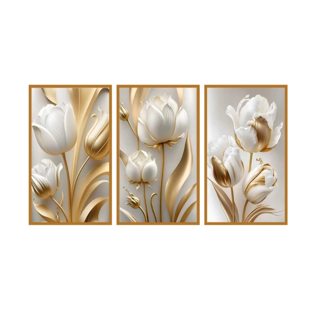 Quadro Decorativo 3 Peças 60x40 Flores Tulipas Brancas Douradas Premium Luxo Quarto Sala