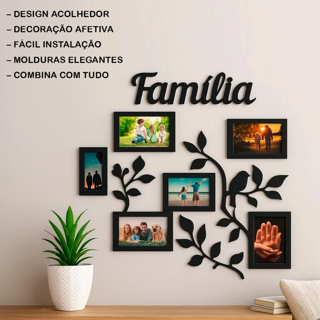 Painel Porta Retrato de Parede Família MDF com 6 Fotos Galhos Decorativo Envio Rápido