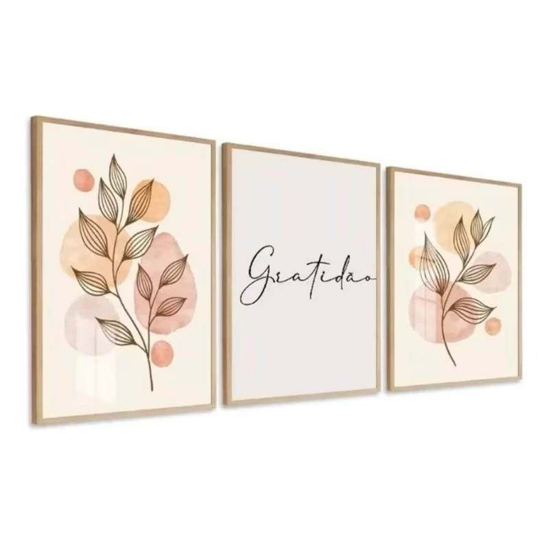 Quadro Decorativos 3 peças Folhas Delicadas Gratidão