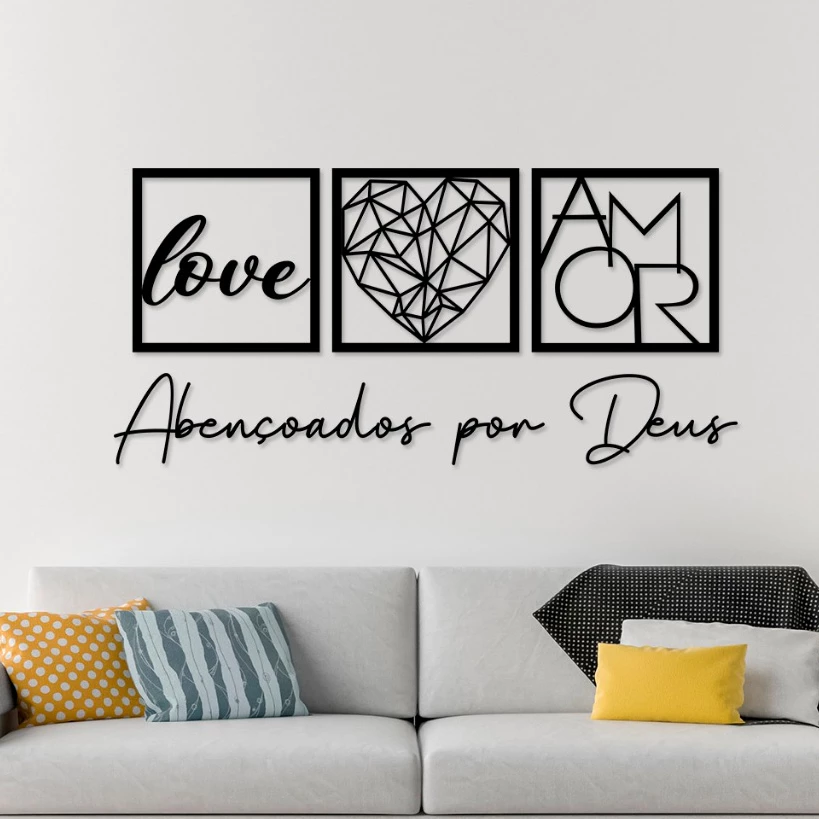 Kit 3 Quadros Decorativos Abençoados por Deus Love e Coração Geométrico Amor + Frase Quarto Sala