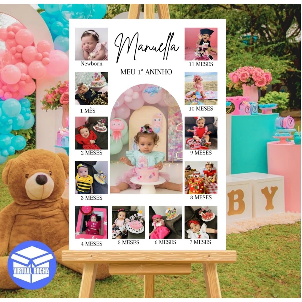 Placa Decorativa Recepção Aniversário 1 ano Personalizado Fotos Meses mdf